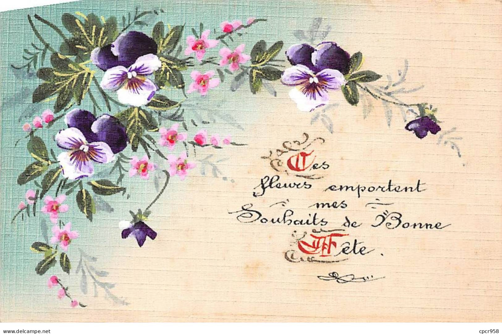 Fantaisie - N°83574 - Ces Fleurs Emportent Mes Souhaits De Bonne Fête - Pensées - Carte Peinte à La Main - Andere & Zonder Classificatie