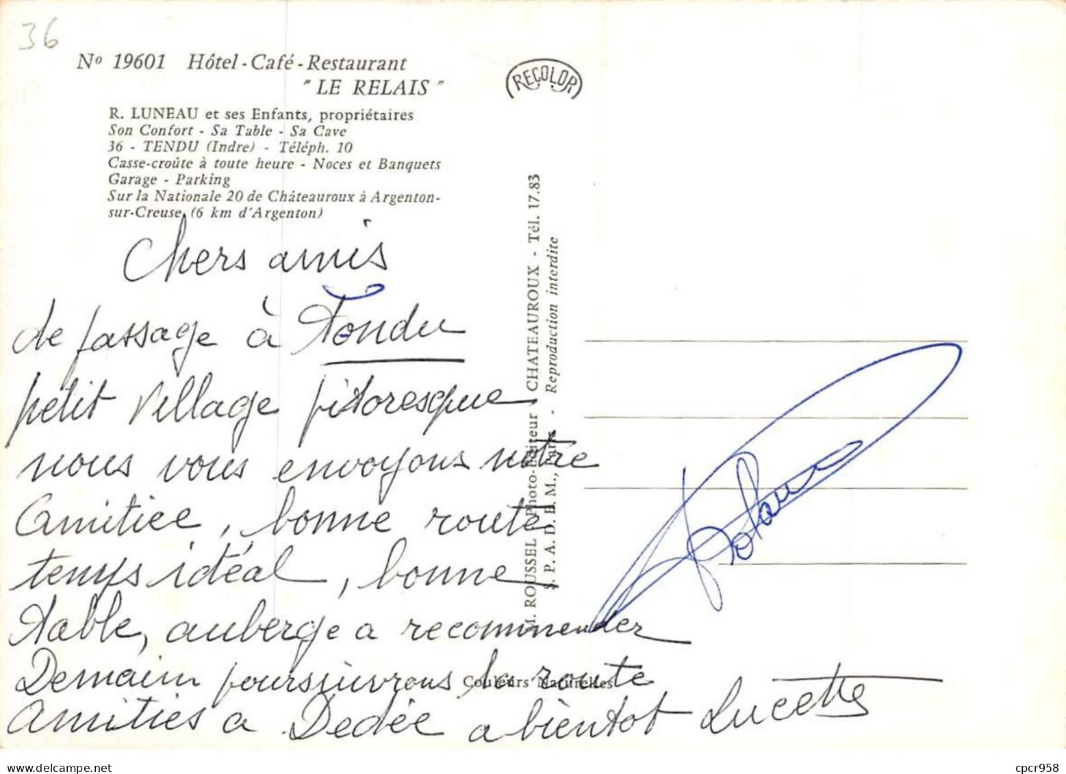 36. N° Kri10596 . Tendu  . Hotel Café Restaurant Le Relais  .  N° 19601. Edition Roussel. Sm 10X15 Cm . - Autres & Non Classés