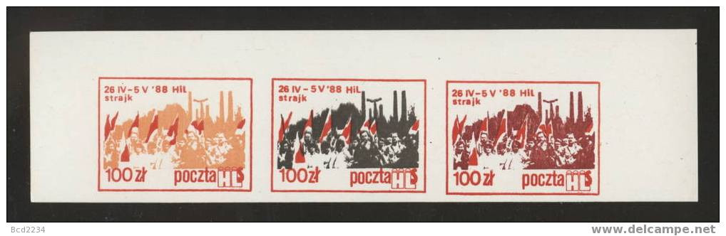 POLAND SOLIDARNOSC LENIN STEEL MILL STRIKE STRIP OF 3 GLOSSY PAPER (SOLID0411/0839LONG) - Solidarnosc Vignetten