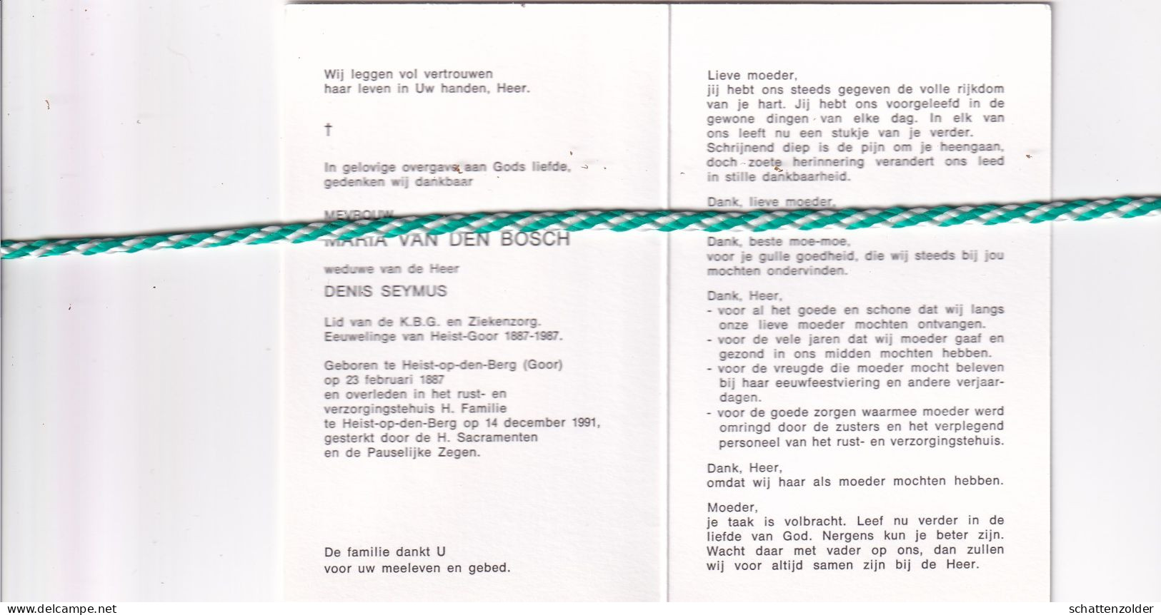 Maria Van Den Bosch-Seymus, Heist-op-den-Berg (Goor) 1887, 1991. Honderdjarige. Foto - Obituary Notices
