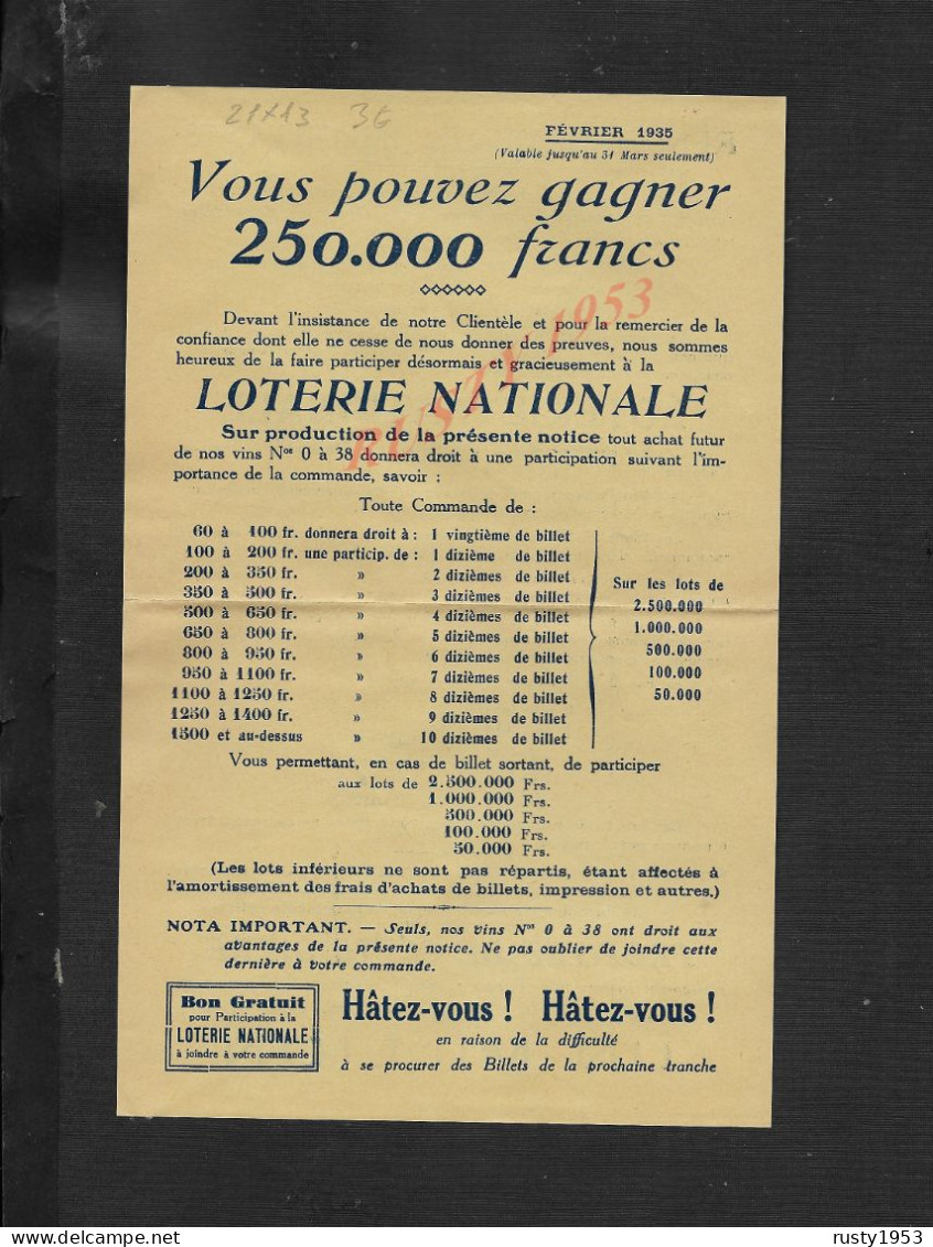 AFFICHE 21X13 DE 1935 LOTERIE NATIONALE DE FRANCE : - Affiches