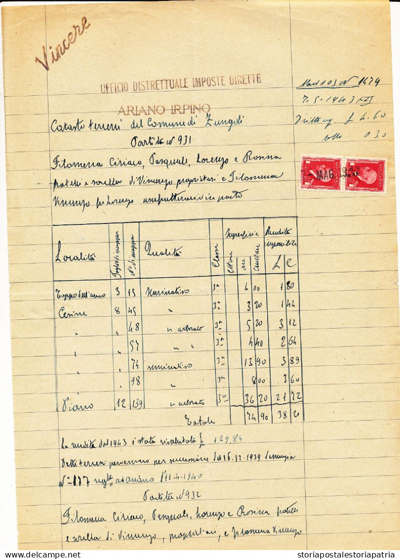 1943 ZUNGOLI DOCUMENTO CON CORSIVO VINCERE NON COMUNE SU DOCUMENTI - Ohne Zuordnung