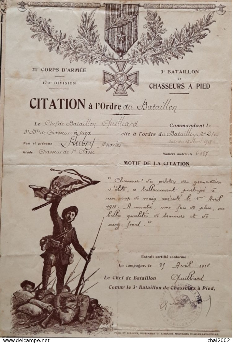 Document  1918  Citation à L'ordre Du Bataillon  25 Avril 1918 - Documents Historiques