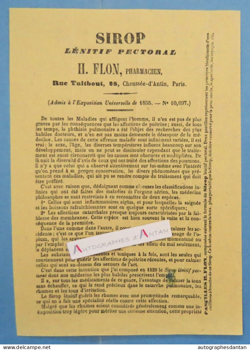 ● SIROP Lénitif Pectoral - H. FLON Pharmacien Rue Taitbout à Paris (admis Exposition Universelle 1855) Publicité 2p - Publicidad