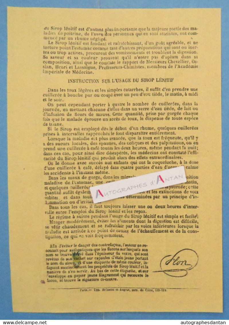 ● SIROP Lénitif Pectoral - H. FLON Pharmacien Rue Taitbout à Paris (admis Exposition Universelle 1855) Publicité 2p - Publicidad