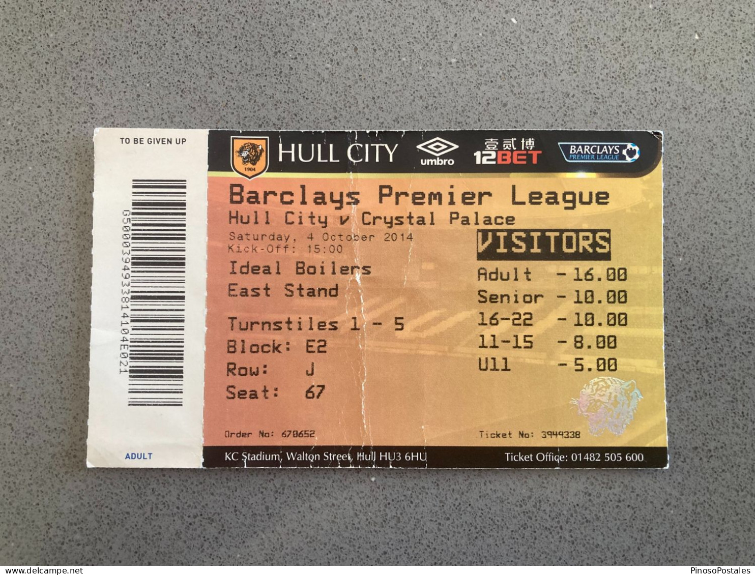 Hull City V Crystal Palace 2014-15 Match Ticket - Eintrittskarten