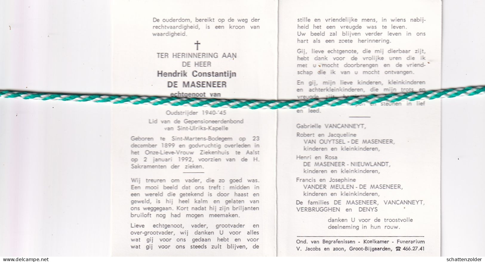 Hendrik Constantijn De Maseneer-Vancanneyt, Sint-Martens-Bodegem 1899, Aalst 1992. Oud-strijder 40-45 - Esquela