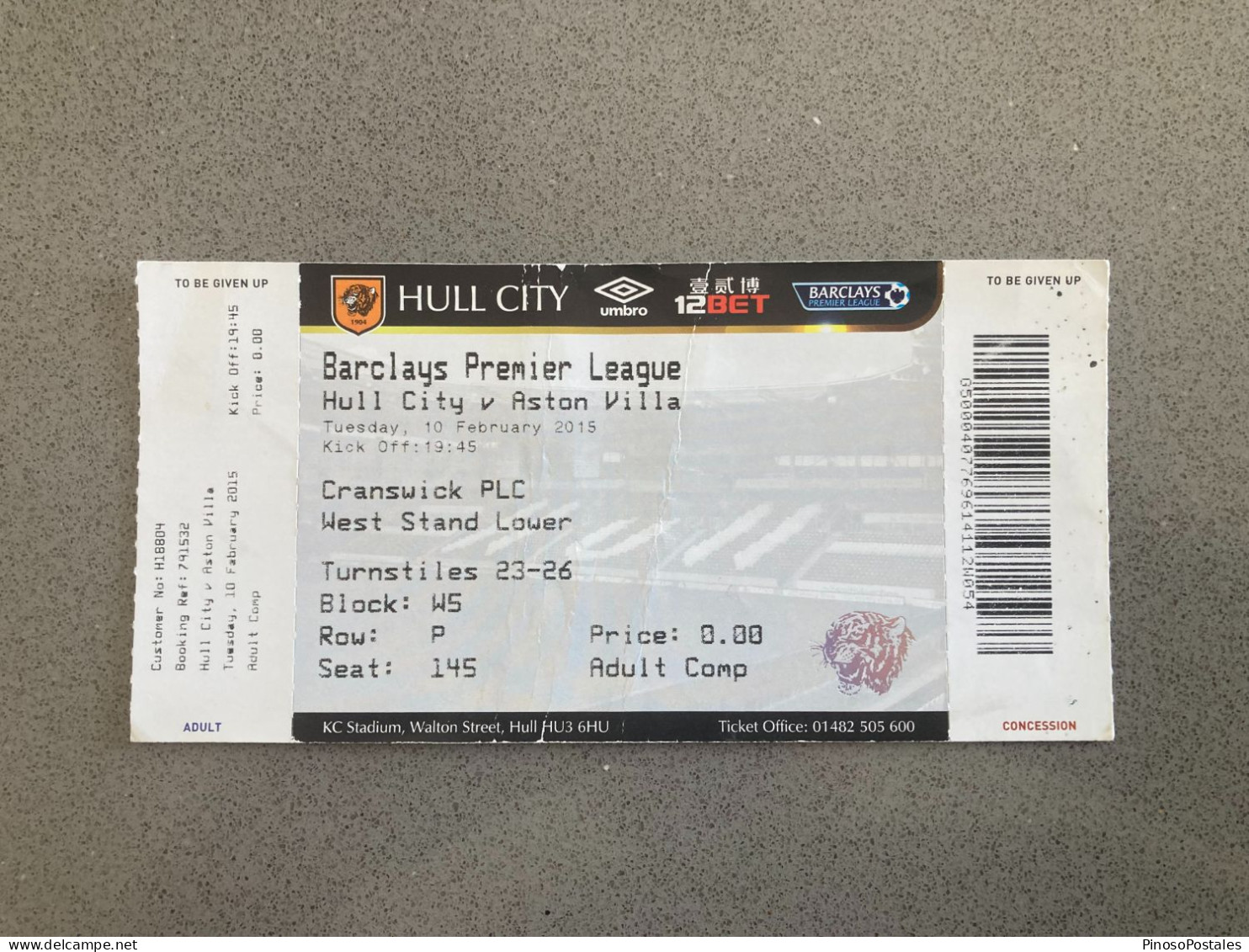 Hull City V Aston Villa 2014-15 Match Ticket - Tickets & Toegangskaarten