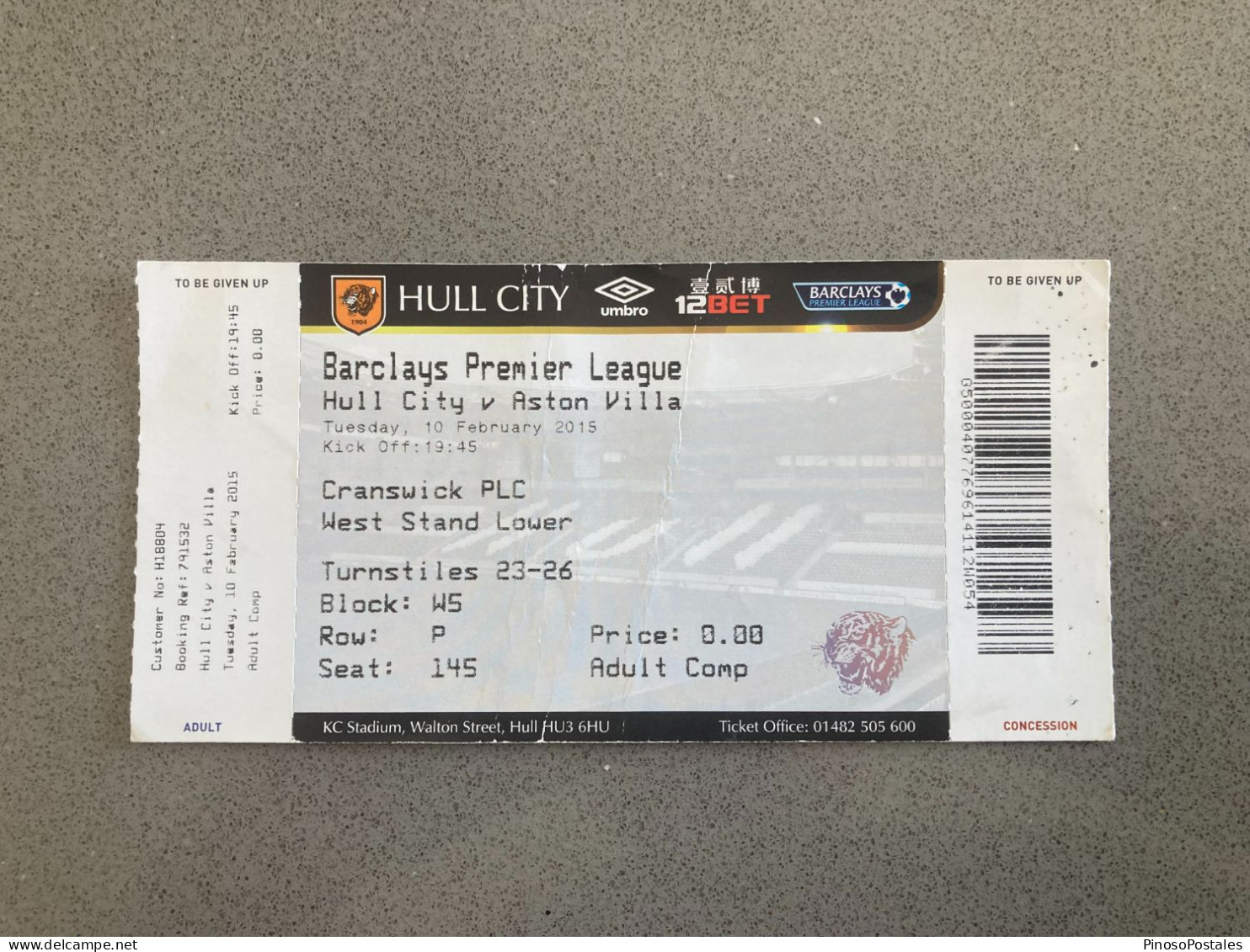 Hull City V Aston Villa 2014-15 Match Ticket - Tickets D'entrée