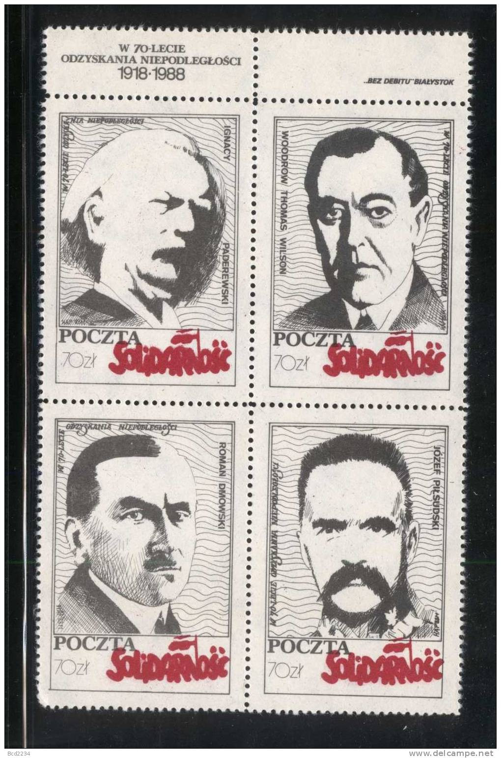 POLAND SOLIDARNOSC (POCZTA SOLIDARNOSC) 1988 70TH ANNIV OF INDEPENDENCE SET OF 2 BLOCKS OF 4 (SOLID0158/0362) - Solidarnosc-Vignetten