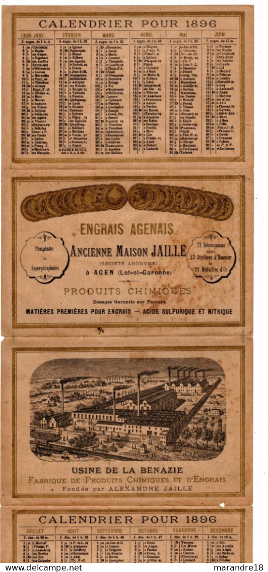 Calendrier En Papier 4 Volets De 1896 Maison Jaille à Agen - Klein Formaat: ...-1900