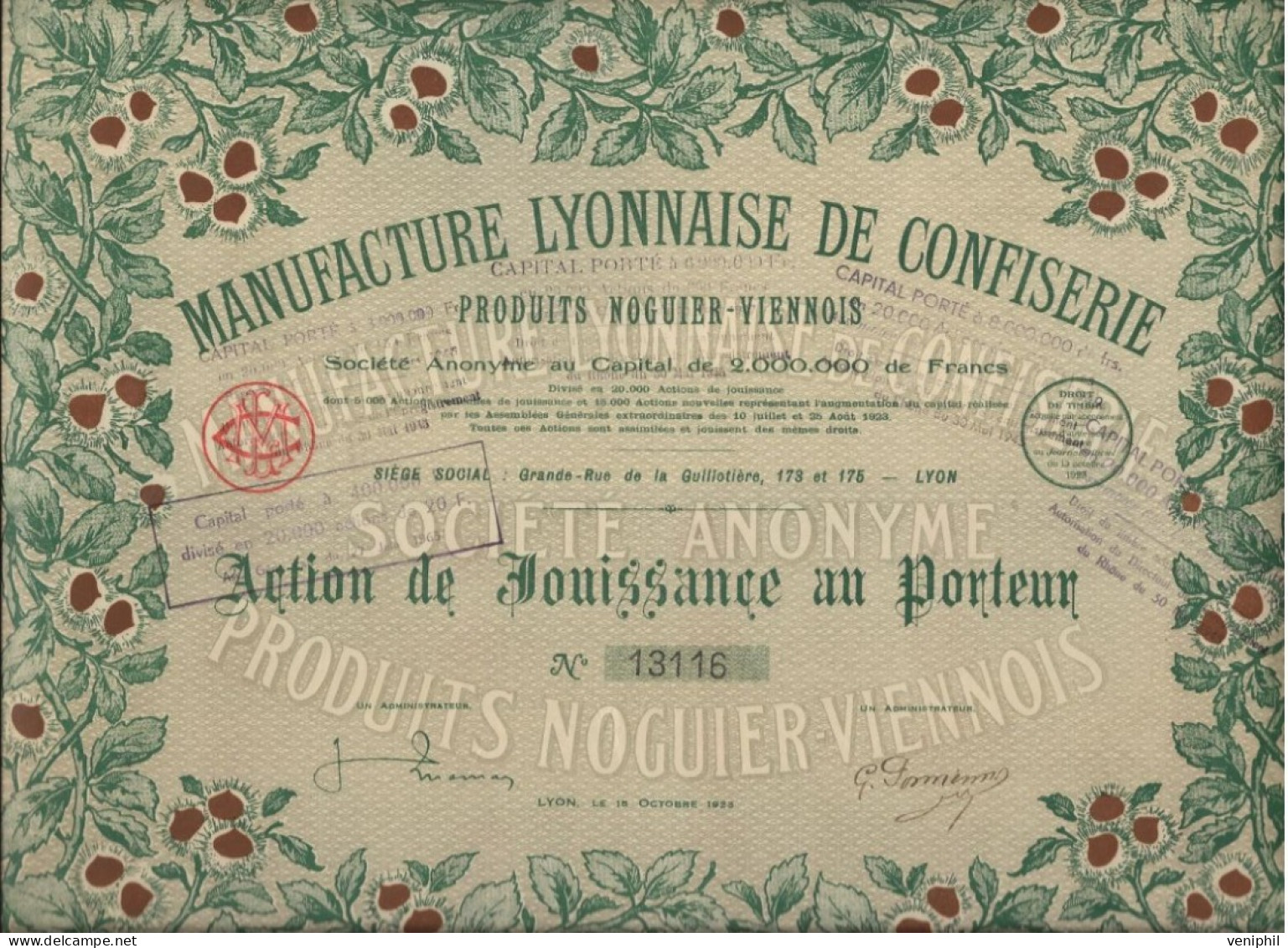 MANUFACTURE LYONNAISE DE CONFISERIE -PRODUITS NOGUIER -VIENNOIS -ACTION DE JOUISSANCE -ANNEE 1923 - Autres & Non Classés