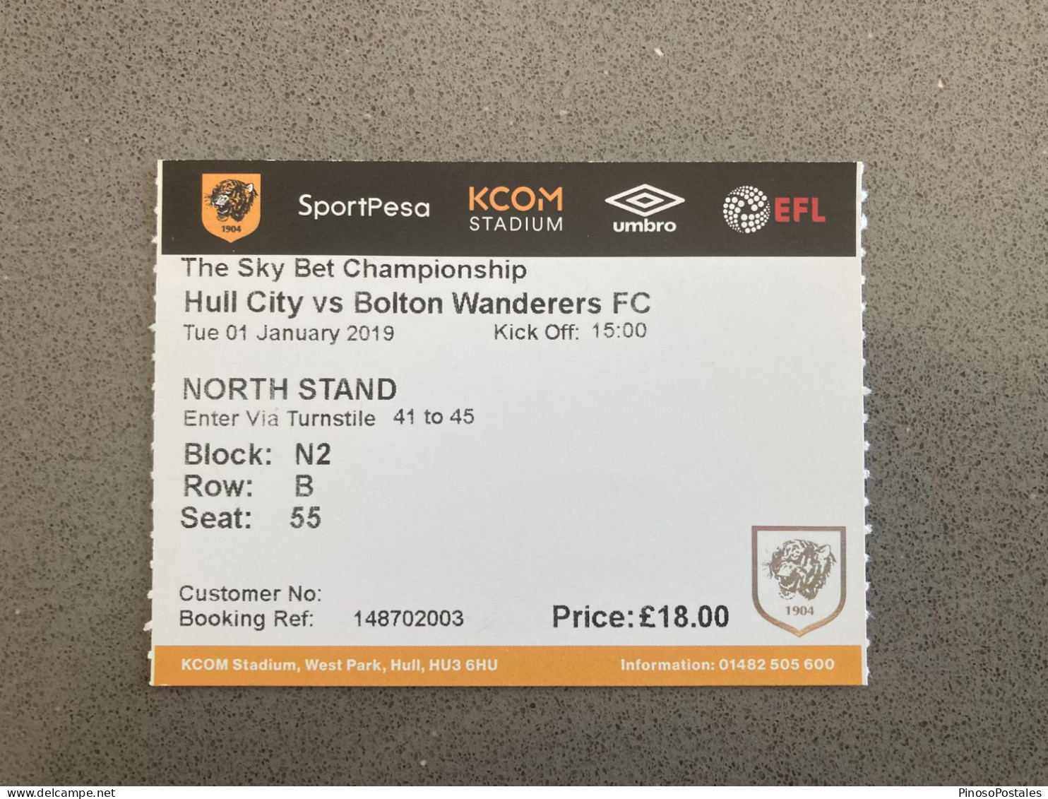 Hull City V Bolton Wanderers 2018-19 Match Ticket - Tickets - Entradas