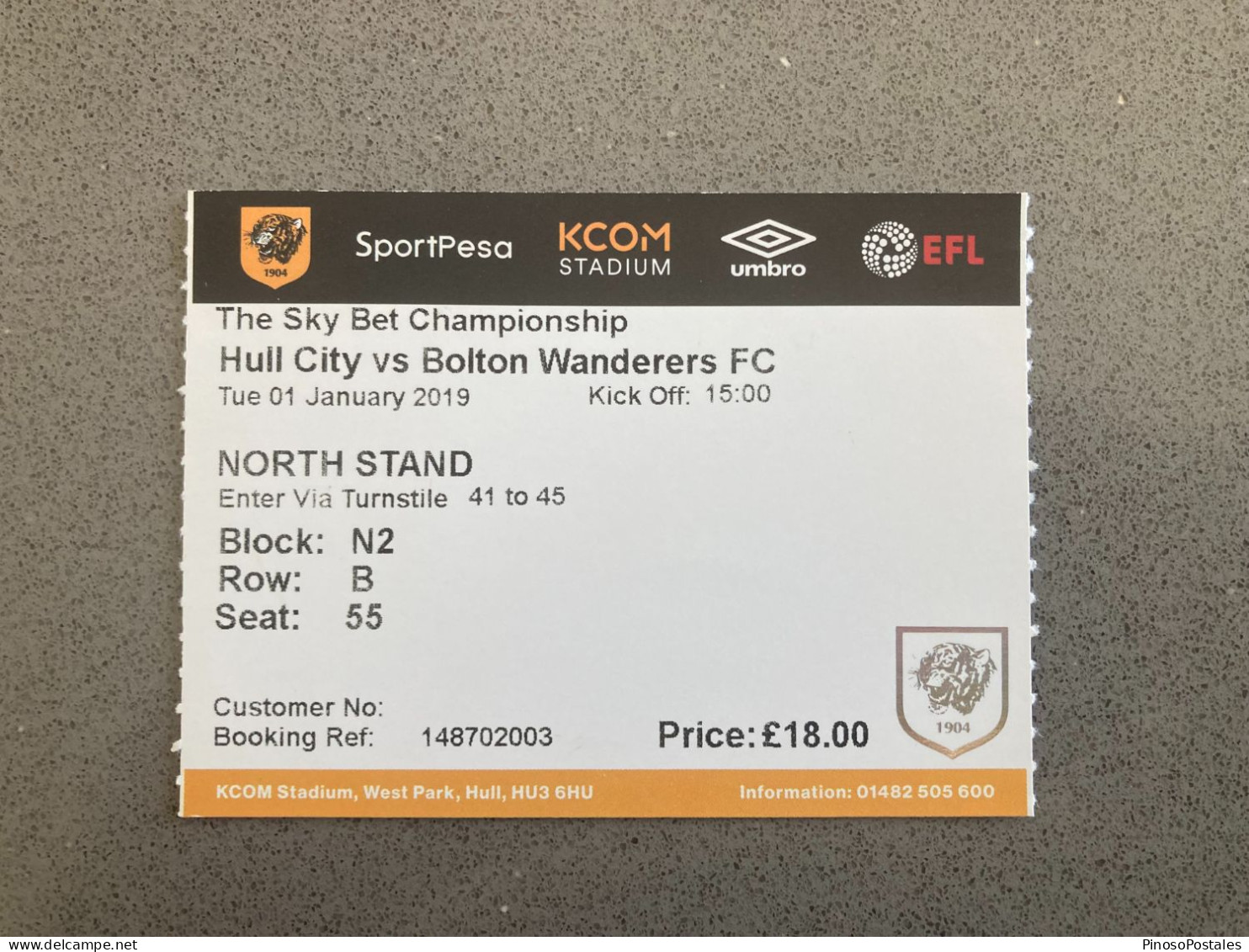 Hull City V Bolton Wanderers 2018-19 Match Ticket - Match Tickets