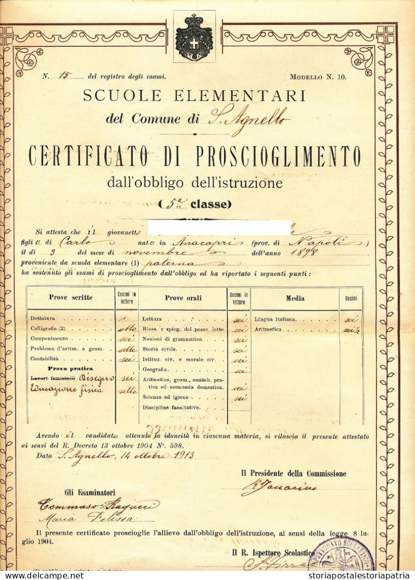 1913 SANT'AGNELLO SORRENTO PAGELLA ELEMENTARI - Non Classificati