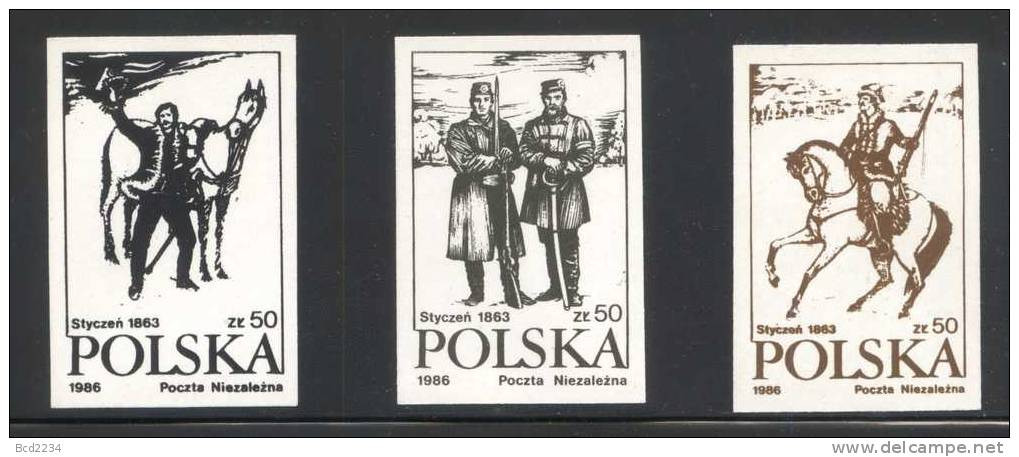 POLAND SOLIDARNOSC (POCZTA NIEZALEZNA) 1986 JANUARY UPRISING 1863 SET OF 3 IMPERF (SOLID0639/0547) HORSES MILITERIA - Solidarnosc-Vignetten