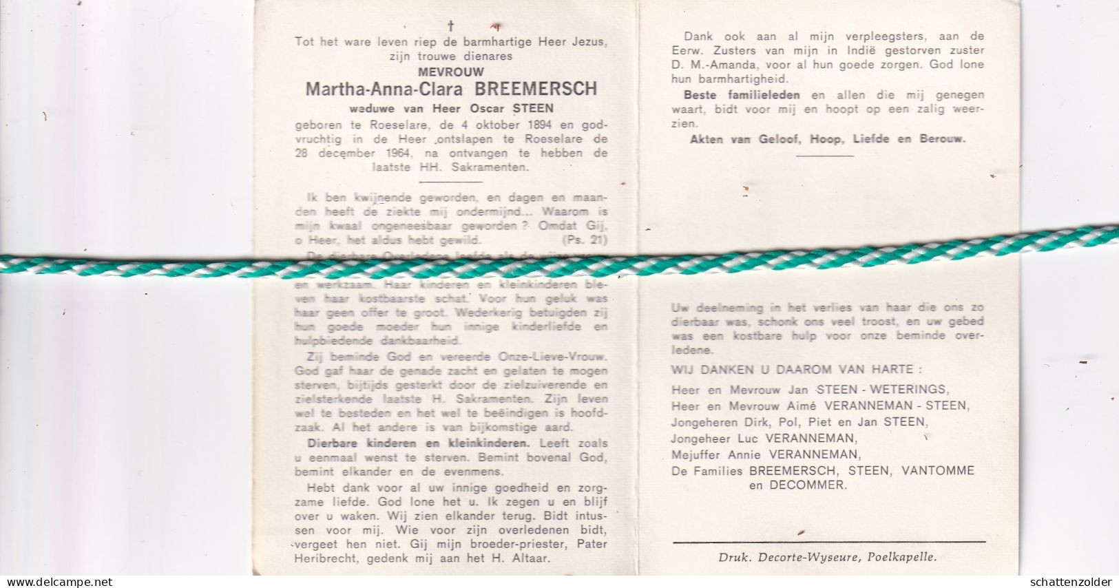 Martha Anna Clara Breemersch-Steen, Roeselare 1894, 1964 - Obituary Notices