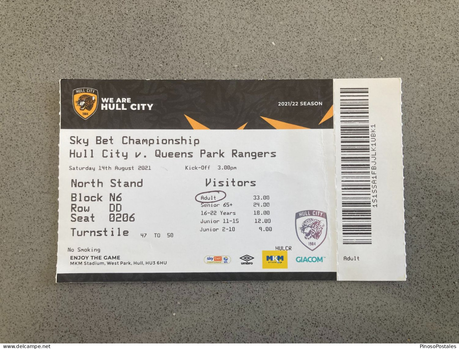 Hull City V Queens Park Rangers 2021-22 Match Ticket - Tickets D'entrée