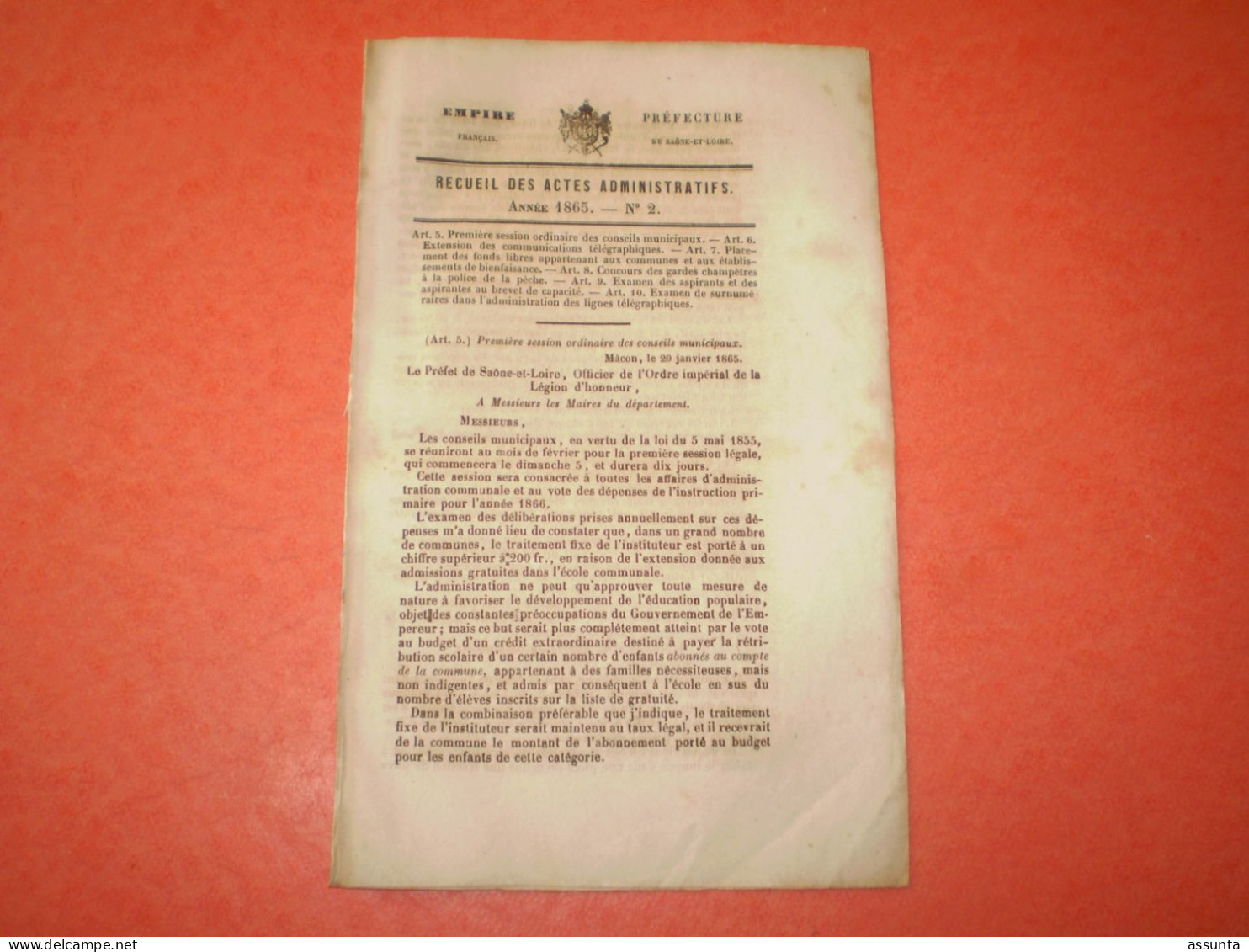 Mâcon 1865: Concours Gardes Champêtres Police De La Pêche. Extension Réseau Télégraphique & Examen De Surnuméraires - Documentos Históricos