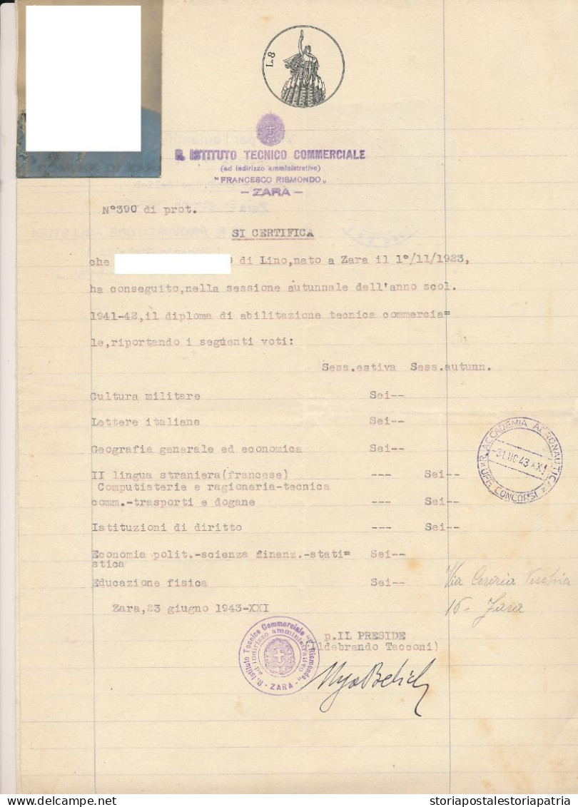 1943 ZARA CERTIFICATO DIPLOMA CON FOTO E CERTIFICATO PARROCHIA S ANASTASIA - Sin Clasificación