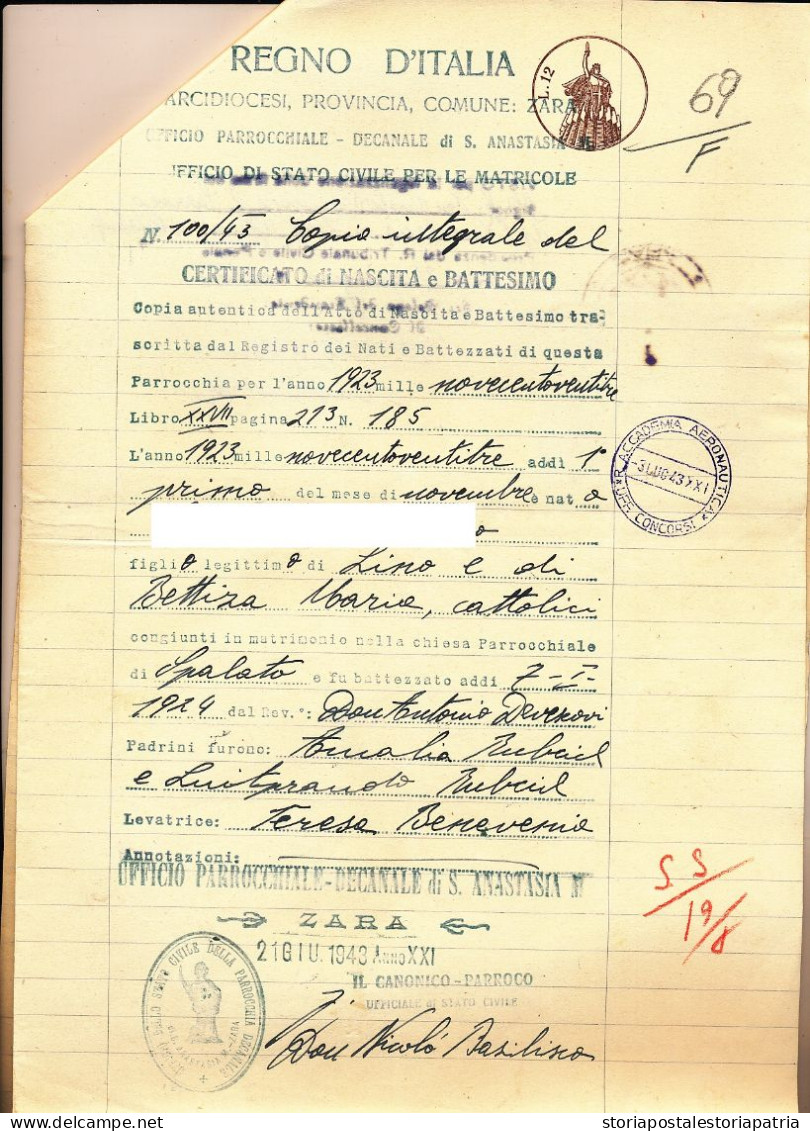 1943 ZARA CERTIFICATO DIPLOMA CON FOTO E CERTIFICATO PARROCHIA S ANASTASIA - Unclassified