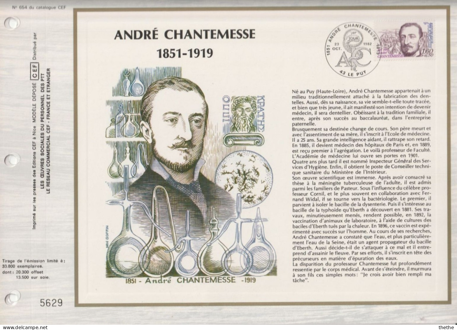 FRANCE - André CHANTEMESSE 1851-1919 , Médecin, Bactériologiste -  N° 654 Du Catalogue CEF - 1980-1989