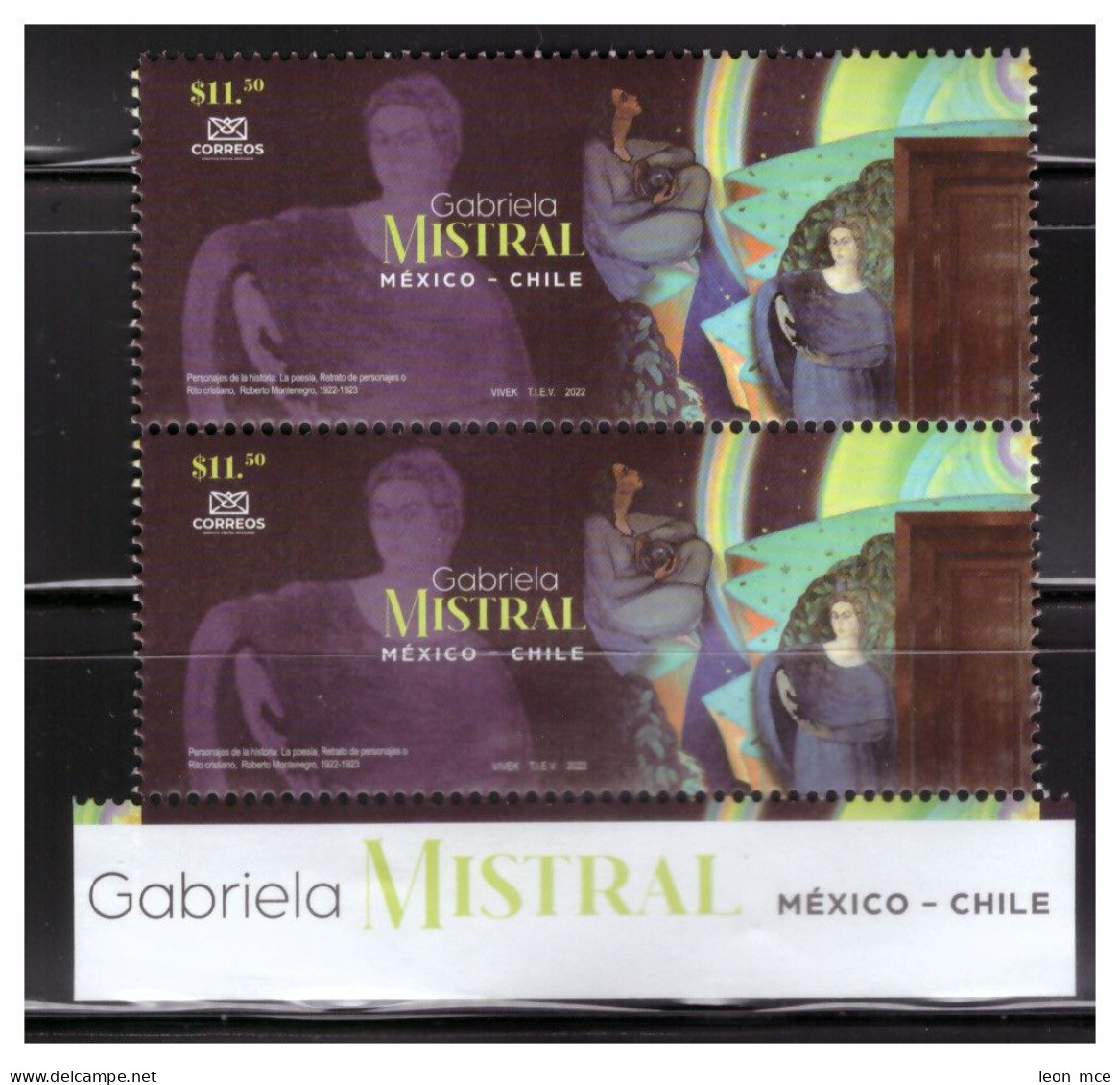 2022 MÉXICO - CHILE "Gabriela Mistral", EMISIÓN CONJUNTA, Writer, Joint Issue, 2 STAMPS WITH LEGEND MNH - México