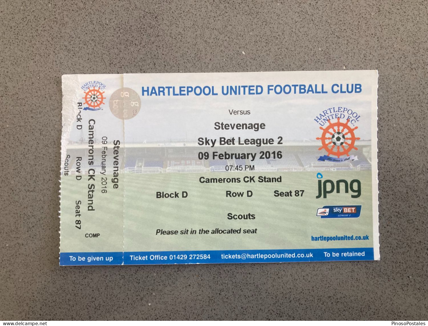 Hartlepool United V Stevenage 2015-16 Match Ticket - Biglietti D'ingresso