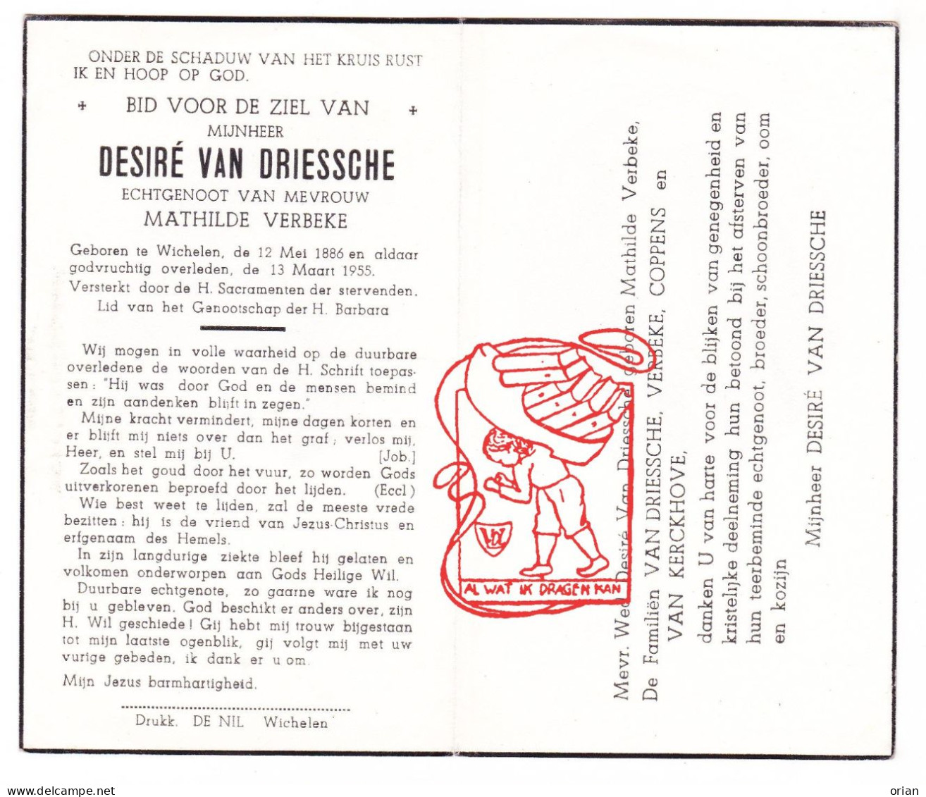 DP Desiré Van Driessche ° Wichelen 1886 † 1955 X Mathilde Verbeke // Coppens Van Kerckhove - Images Religieuses