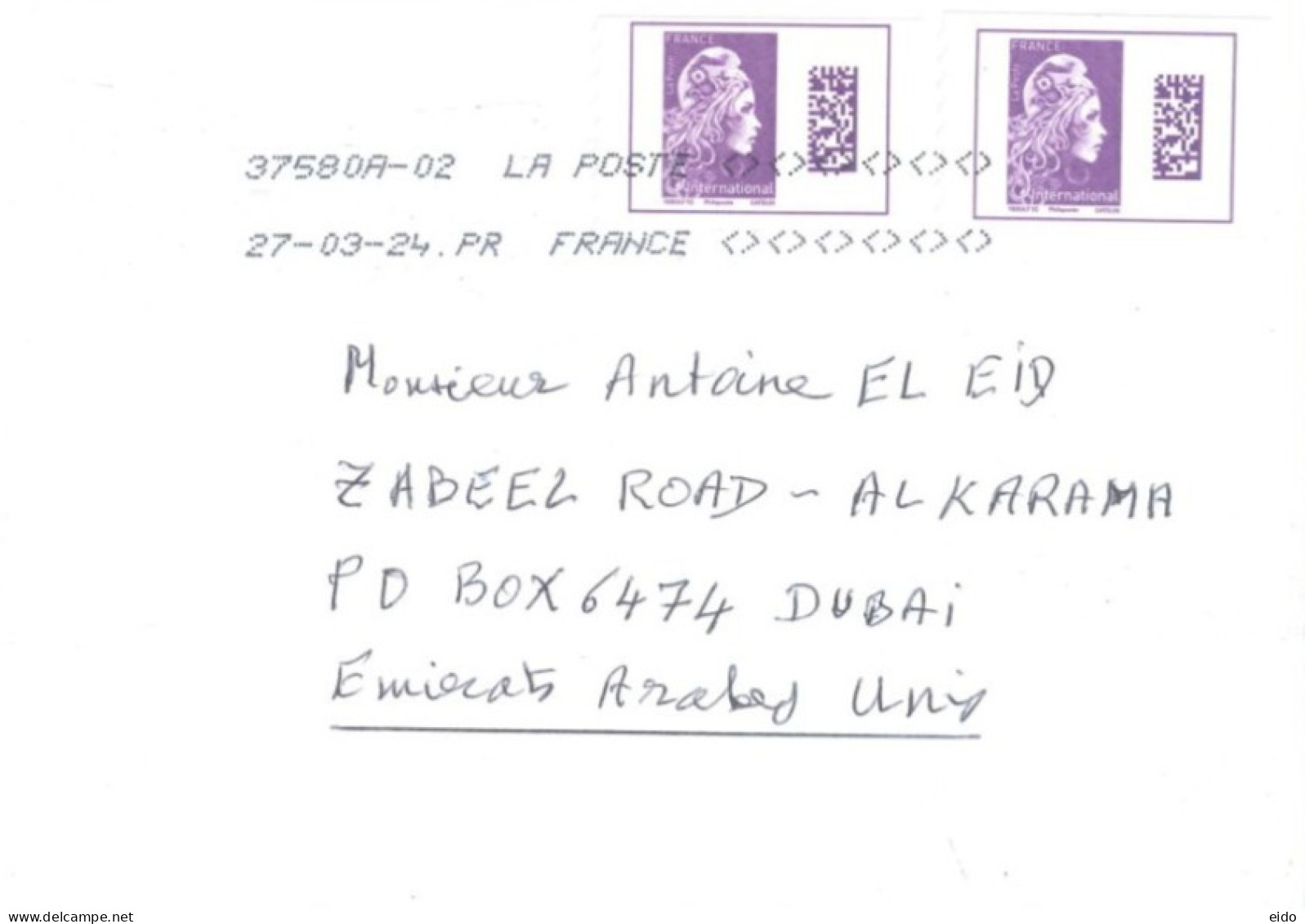 FRANCE  -  2024, POSTAGE STAMPS COVER TO DUBAI. - Lettres & Documents