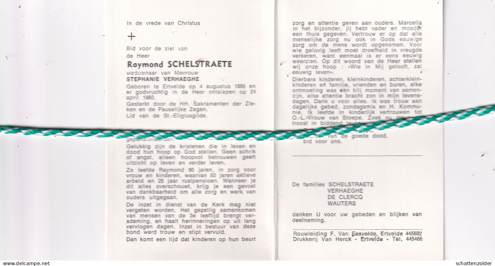 Raymond Schelstraete-Verhaeghe, Ertvelde 1889, 1980 - Obituary Notices