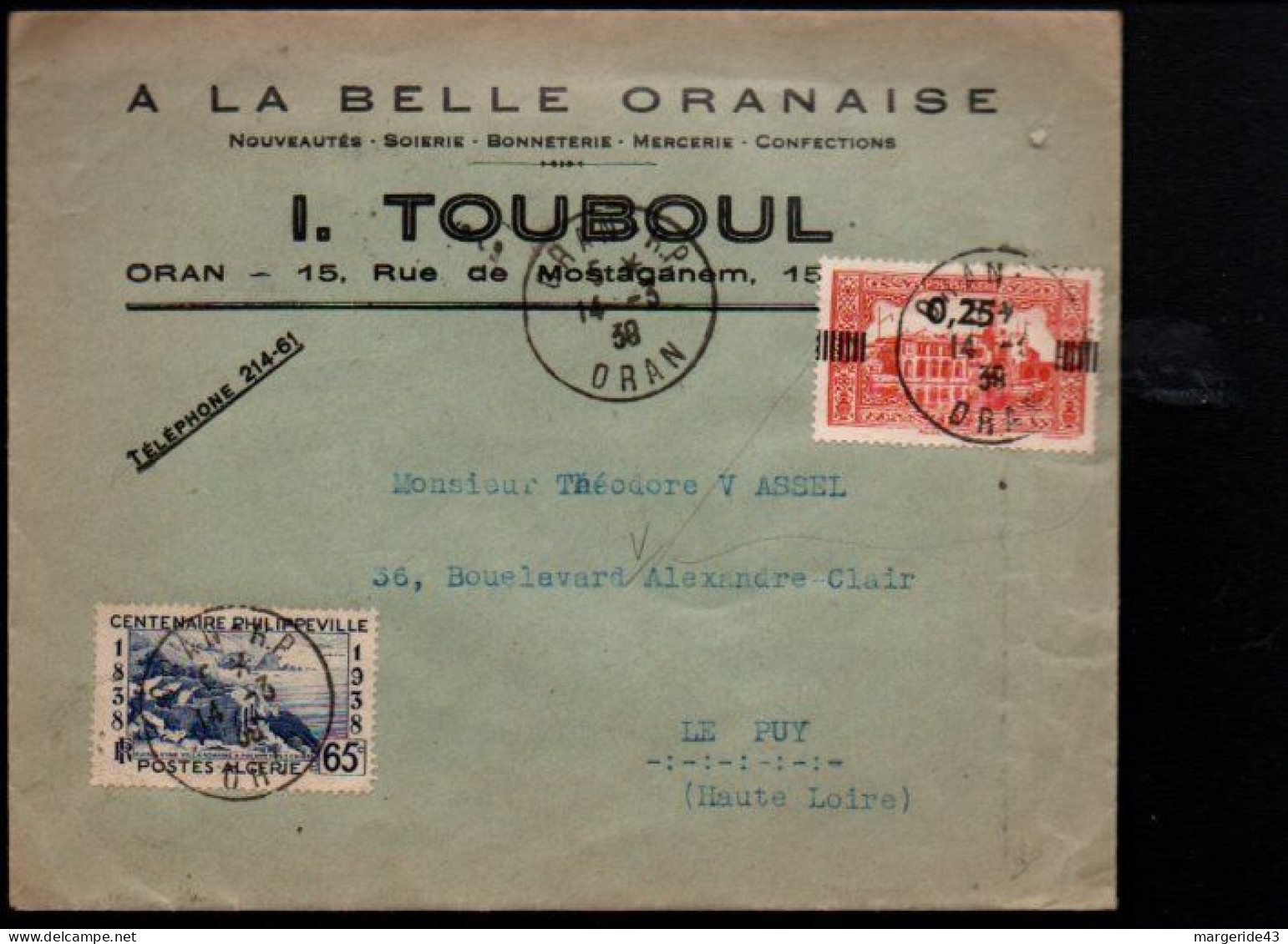 ALGERIE AFFRANCHISSEMENT COMPOSE SUR LETTRE A EN TETE POUR LA FRANCE 1939 - Briefe U. Dokumente