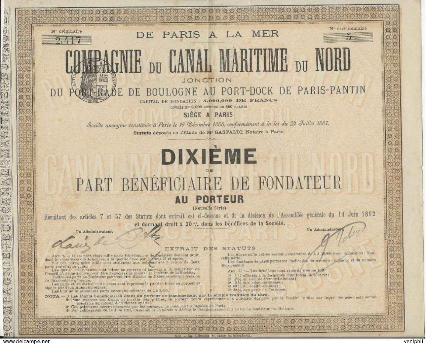 COMPAGNIE DU CANAL MARITIME DU NORD -DE PARIS A LA MER - DIXIEME DE PART BENEFICIAIRE DE FONDATEUR - ANNEE 1892 - Navigation