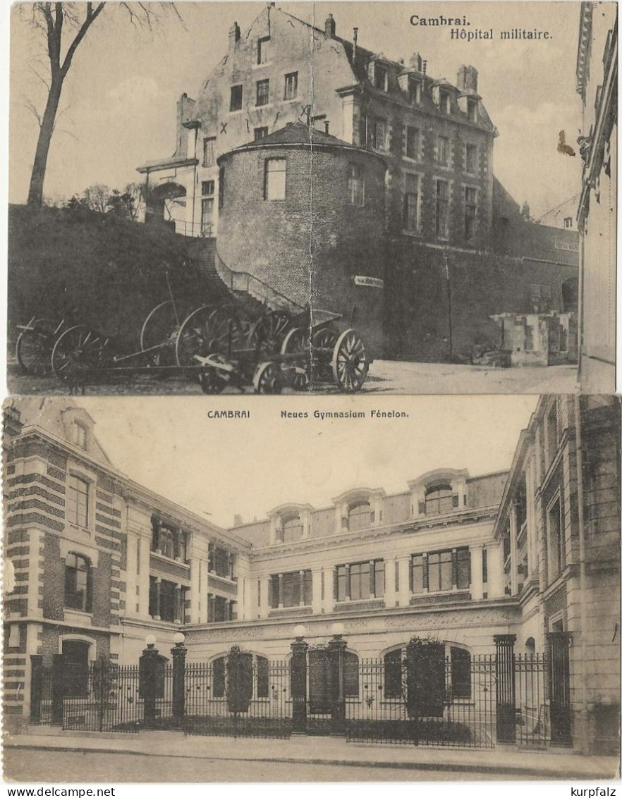 2 CPA Cambrai - Hôpital Militaire (Carte De Défaut) + Nouveau Lycée Fénelon, Feldpost 1916 - Cambrai