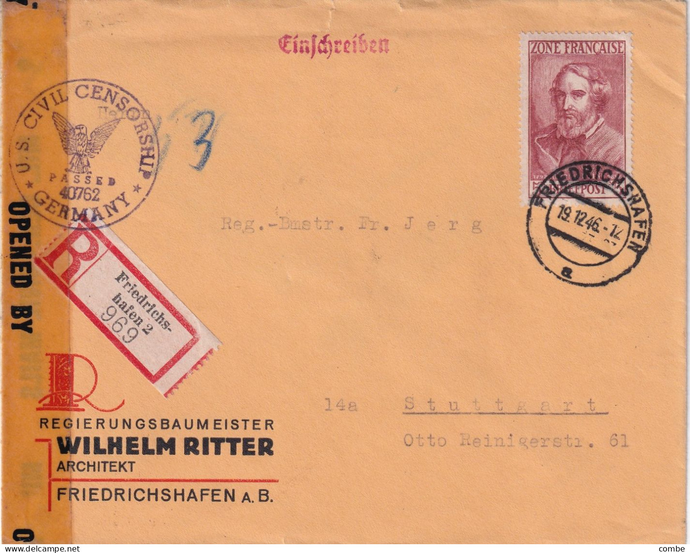LETTRE. 1946. RECOMMANDE WILHELM RITTER FRIEDRISCHSHAFEN. Mi 13 EF. SEUL POUR STUTTGARDT. OPEBN BY MIL.CEN.CIVIL MAILS - Emisiones Generales