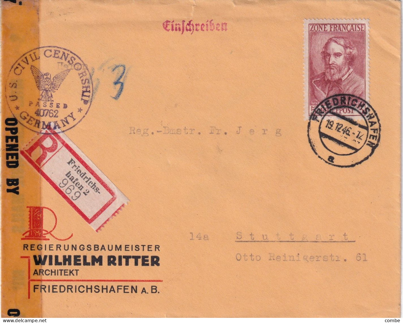 LETTRE. 1946. RECOMMANDE WILHELM RITTER FRIEDRISCHSHAFEN. Mi 13 EF. SEUL POUR STUTTGARDT. OPEBN BY MIL.CEN.CIVIL MAILS - Emissions Générales