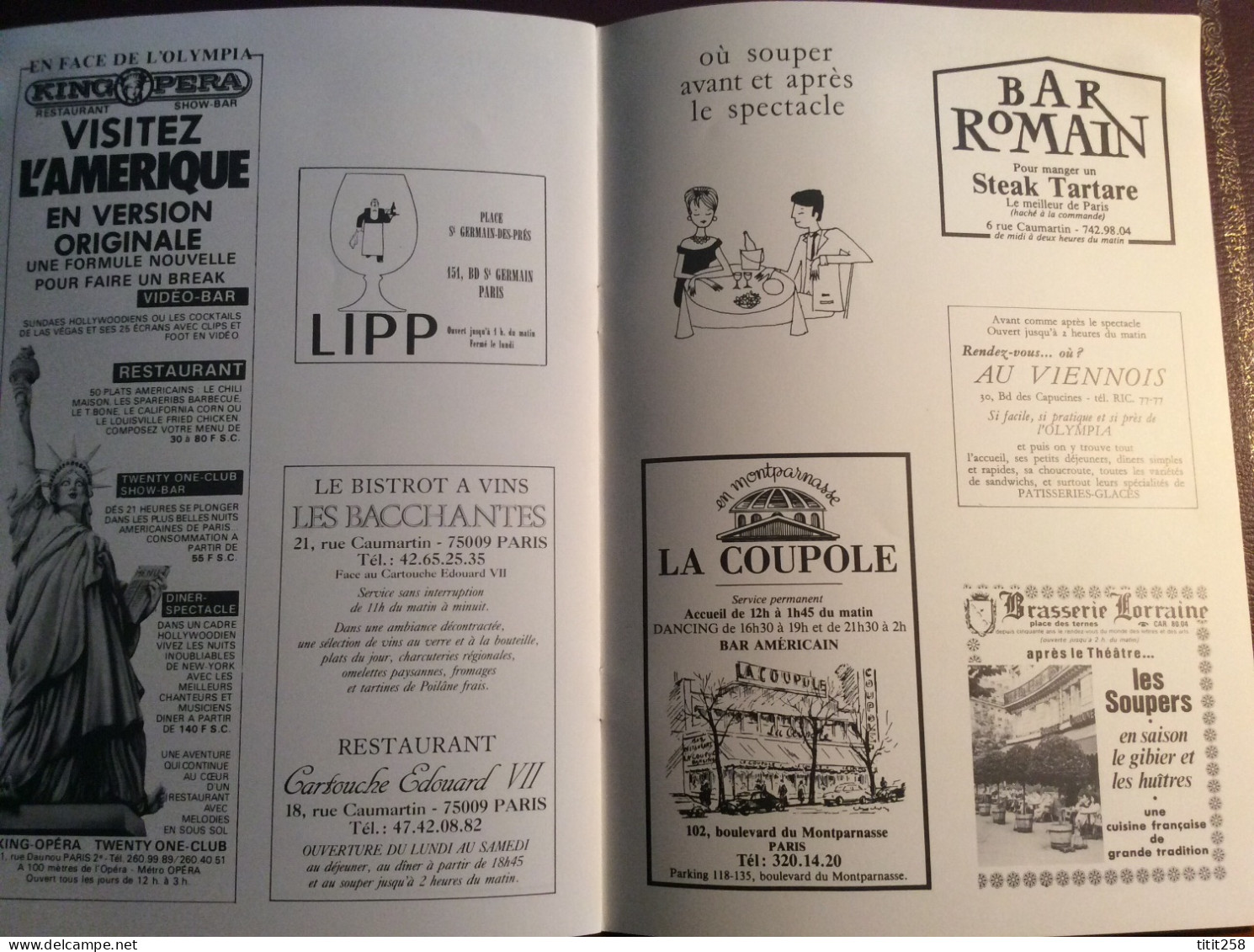 Programme + Tickets Places Concert Spectacle  PATRICK Sébastien / BIBIE / JEAN JACQUES LAFON OLYMPIA 1987