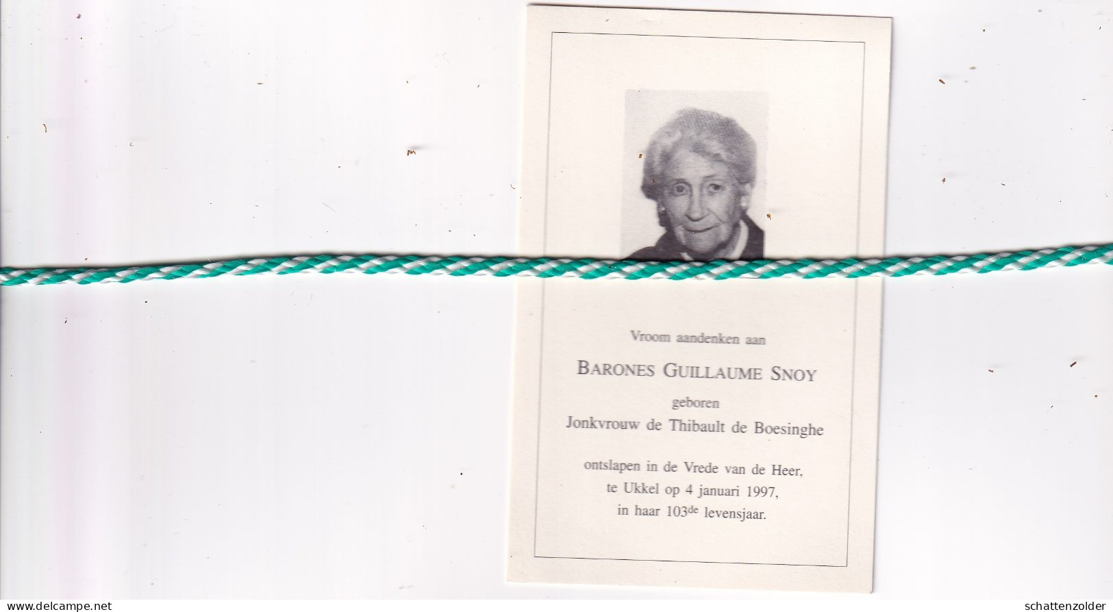 Jonkvrouw De Thibault De Boesinghe, Barones Guillaume Snoy, Overleden Ukkel 1997, 103 Jaar. Honderdjarige; Foto - Obituary Notices