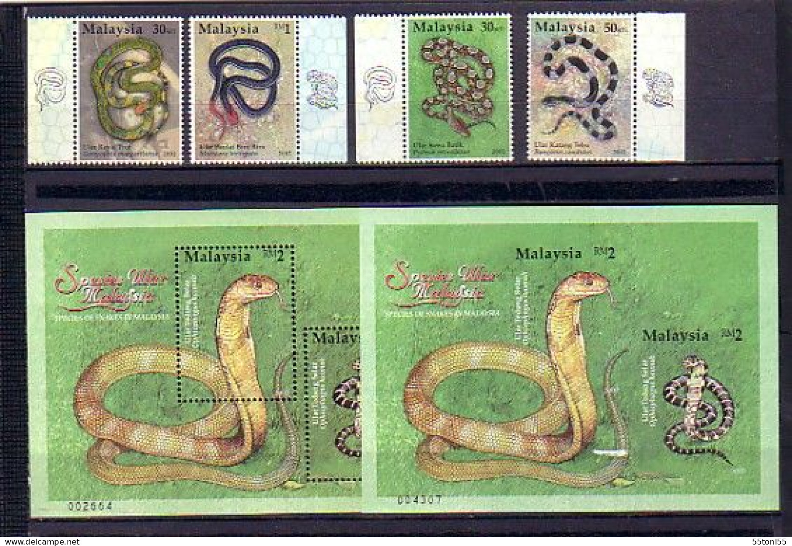 2002 MALAYSIA  SNAKES -Cobra Mi-1082 /87 (Block 60D + 60B)  4v+2 S/S Perf.+imperforated - MNH - Malesia (1964-...)