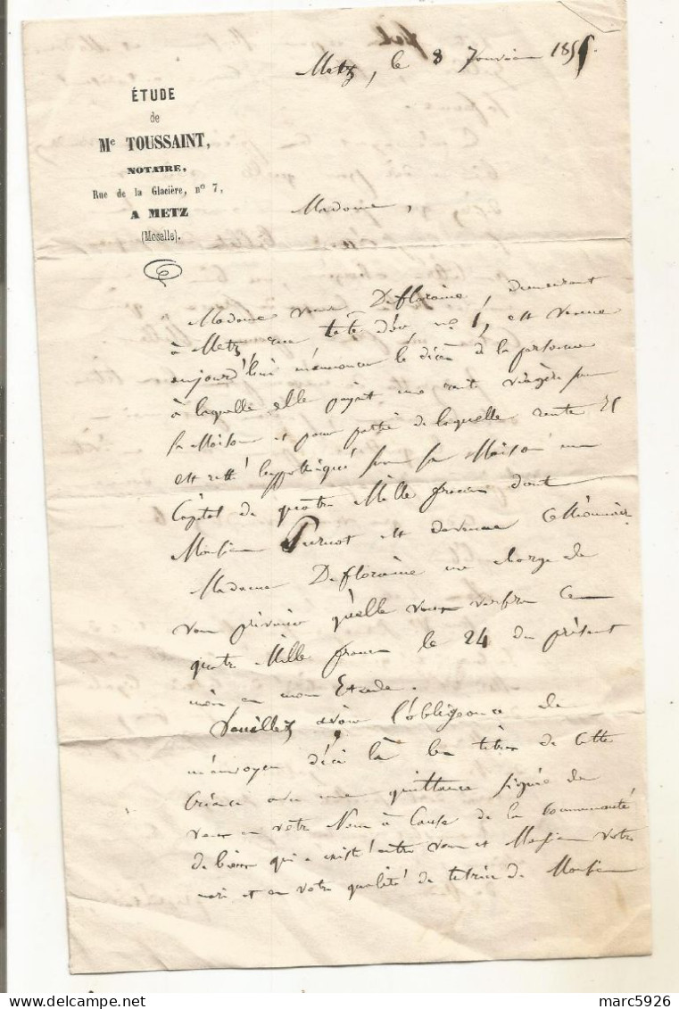 N°1965 ANCIENNE LETTRE DE TOUSSAINT NOTAIRE A METZ A DECHIFFRER DATE 1851 - Documentos Históricos