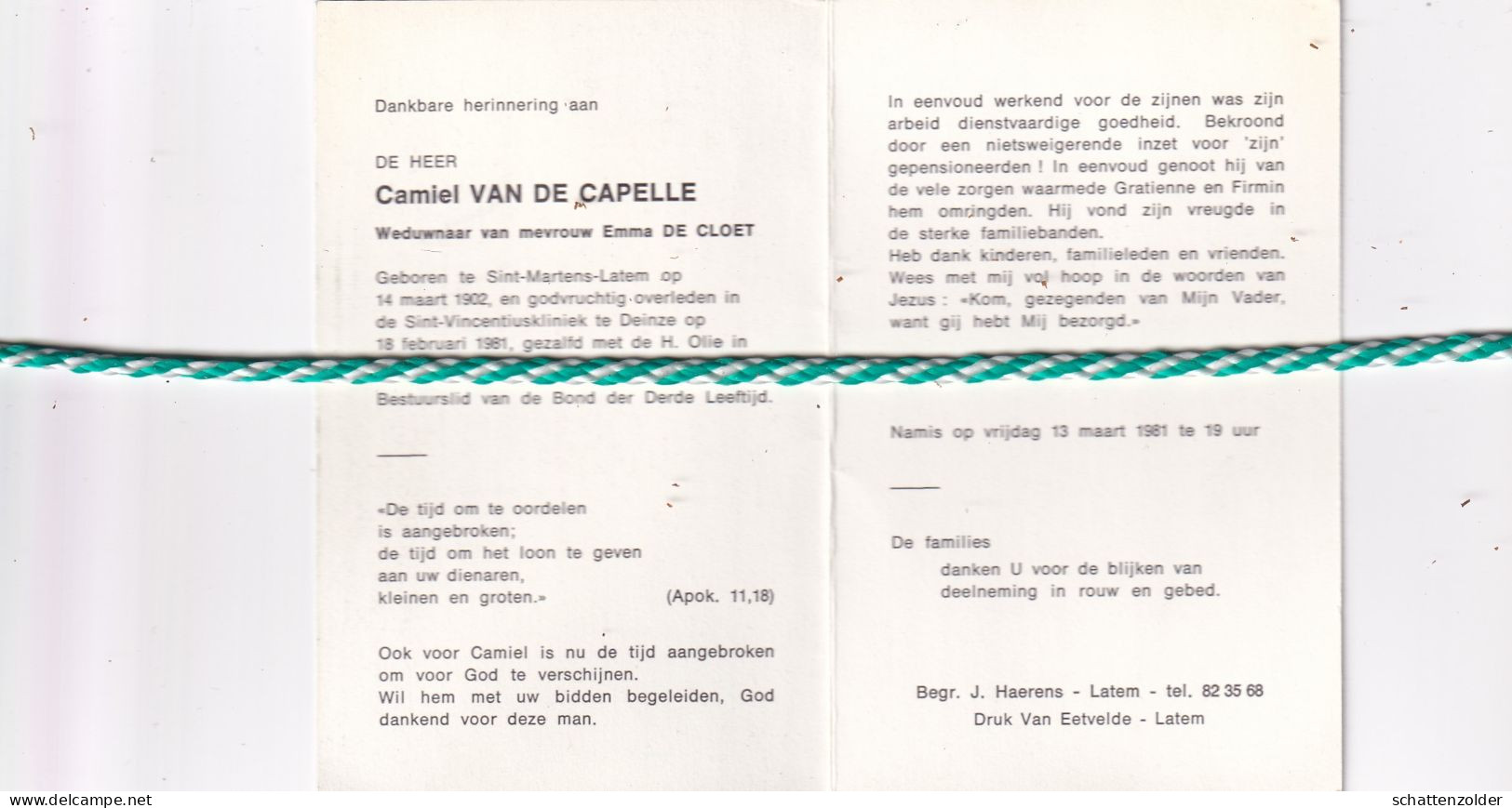 Camiel Van Capelle-De Cloet, Sint-Martens-Latem 1902, Deinze 1981 - Obituary Notices