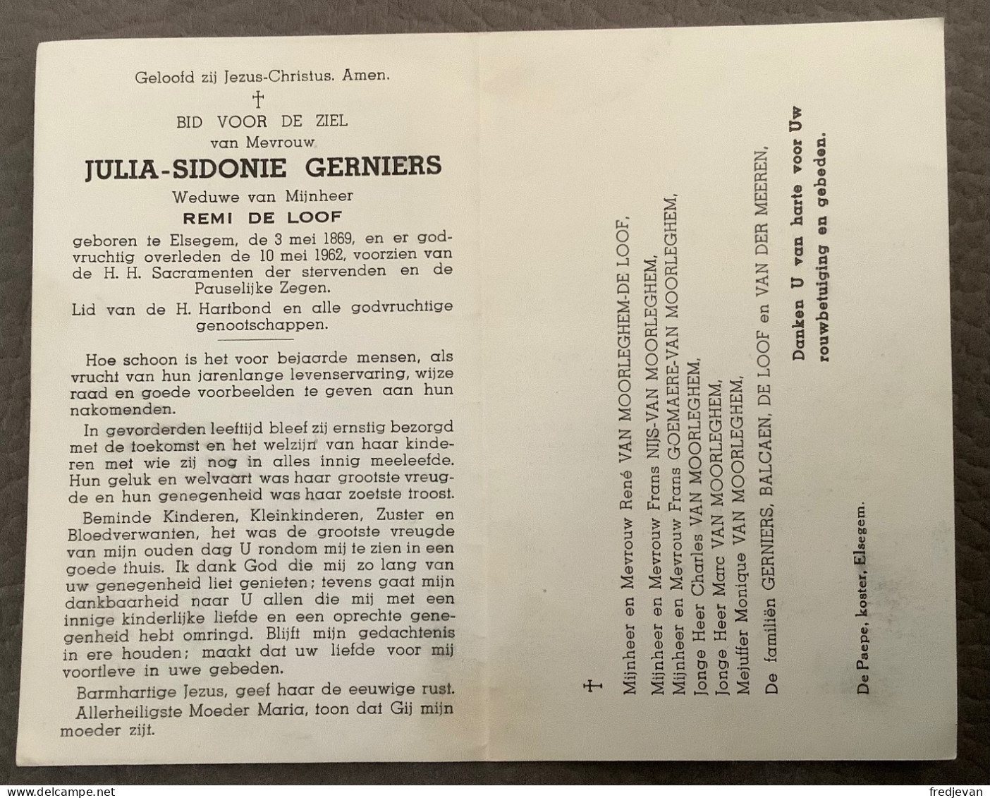 Julia-Sidonie Gerniers - Elsegem - 1869 / 1962 - Devotieprenten