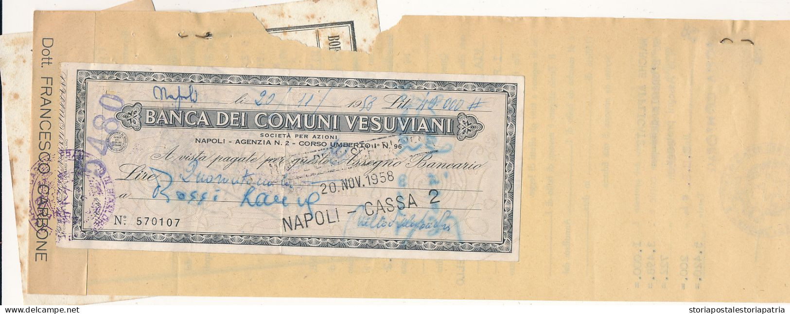 1958 ASSEGNO BANCA DEI COMUNI VESUVIANI - Cheques En Traveller's Cheques