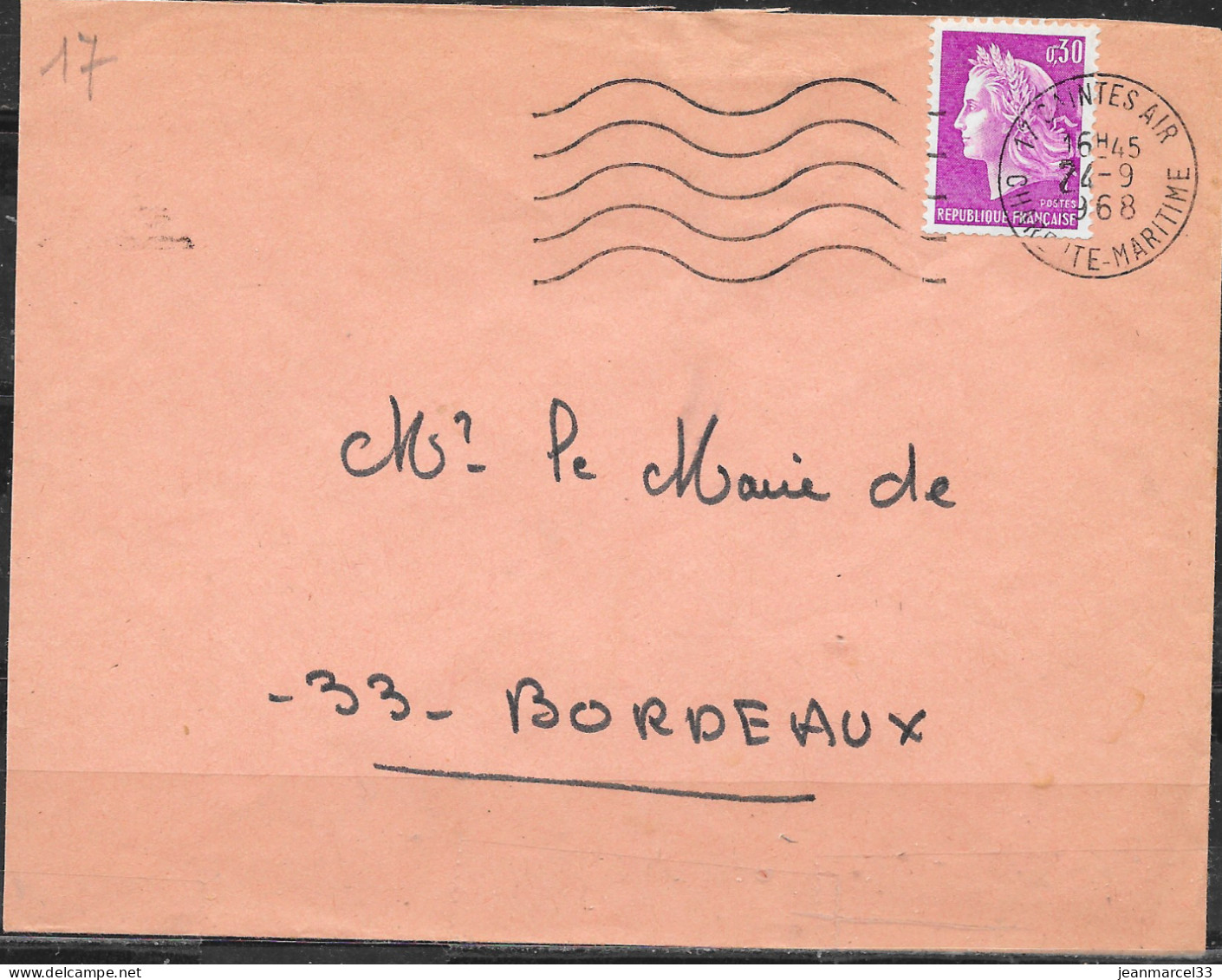 Cachet Mécanique Lignes Ondulées =o 17 Saintes Air 24 -9 1968 Sur Timbre Ordinaire - Lettres & Documents