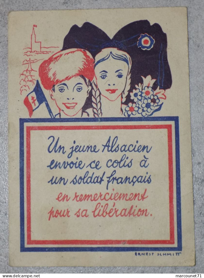 MILITARIA  ANCIENNE ETIQUETTE UN JEUNE ALSACIEN ENVOIE CE COLIS A UN SOLDAT FRANCAIS EN REMERCIEMENT POUR SA LIBÉRATION - 1939-45