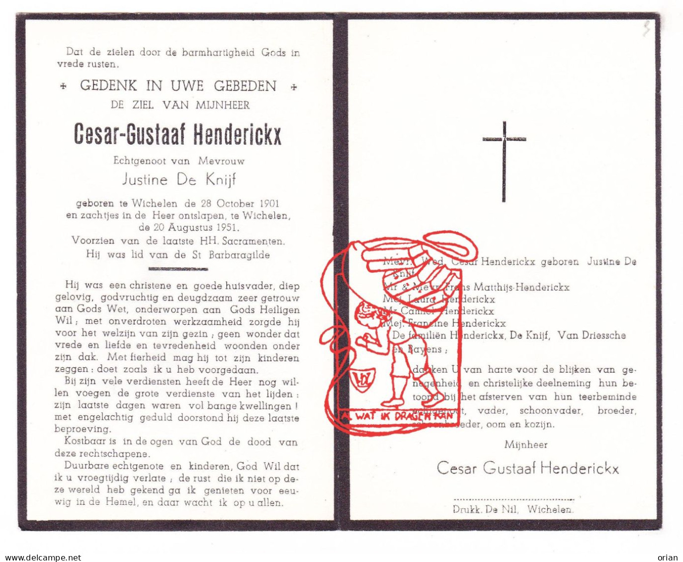 DP Cesar Gustaaf Henderickx 50j. ° Wichelen 1901 † 1951 X Justine De Knijf // Matthijs Van Driessche Bayens - Devotieprenten