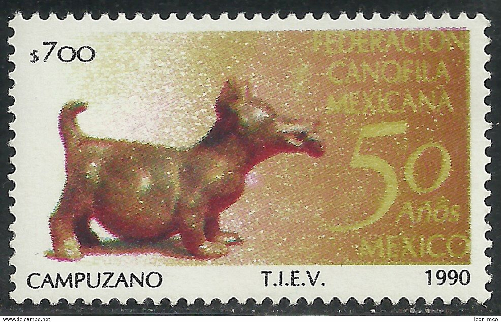 1990 MÉXICO 50 AÑOS FEDERACIÓN CANOFILA MEXICANA Sc. 1676 MNH, CANINE FEDERATION,   DOG - Mexico