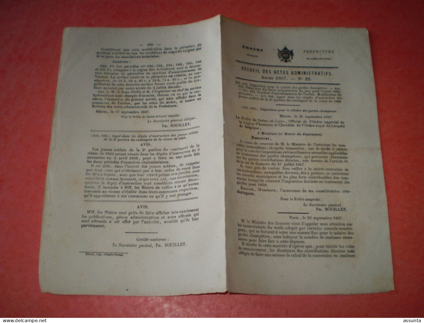 Mâcon 1867: Imposition Salaires Des Gardes Champêtres. Syndicat Assainissement Verdun. Liste Pour Jury De 1868 Préparati - Documentos Históricos