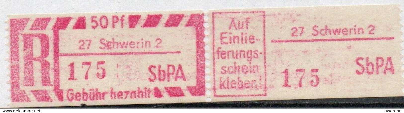 DDR Einschreibemarke Schwerin SbPA Postfrisch, EM2B27-2II Zh (Mi 2C) - Aangetekende Etiketten