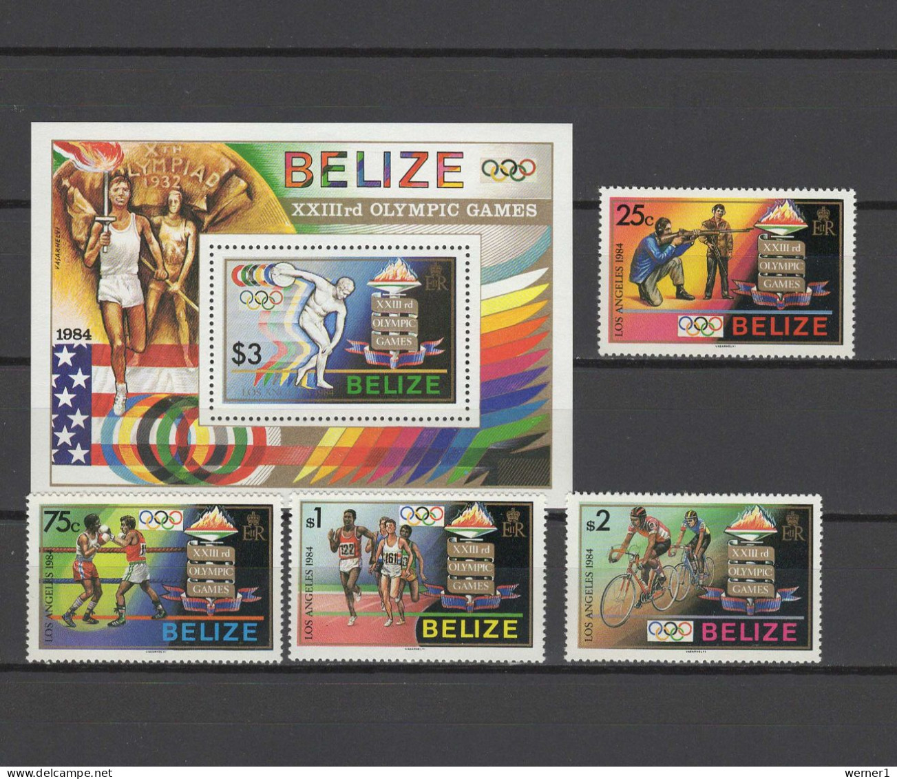 Belize 1984 Olympic Games Los Angeles, Shooting, Boxing, Cycling, Ahtletics Set Of 4 + S/s MNH - Sommer 1984: Los Angeles